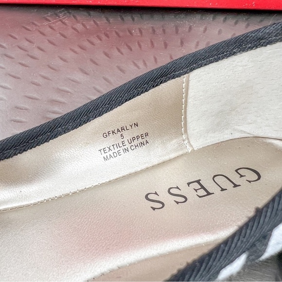 GUESS KARLYN BLACK WHITE CANVAS STRIPES,G GOLD CRYSTAL LOGO BALLET FLATS,SHOES - Picture 6 of 6